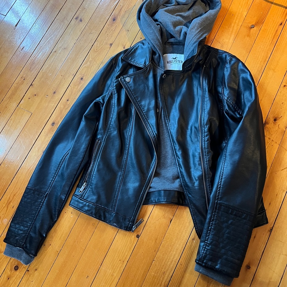Hollister Gray Hoodie Fake Leather jacket